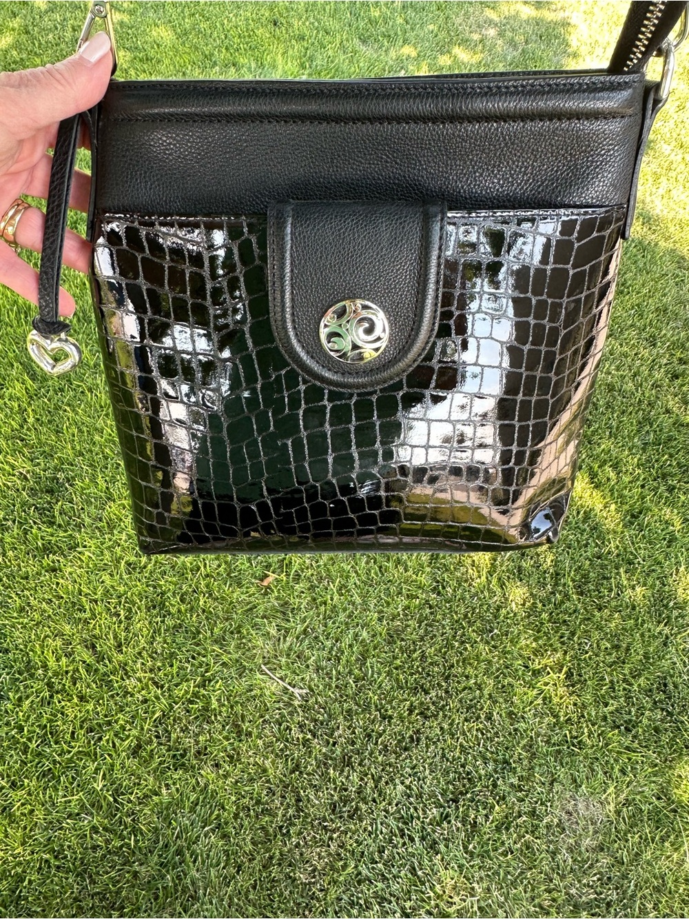 Brighton Black Croc Patent Crossbody with Navy & Black Strap